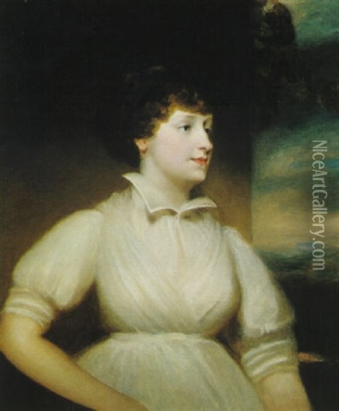 Portrait Of Mary Dionysia Calcroft, Half Length, Wearing A White Dress Oil Painting - Sir John Hoppner