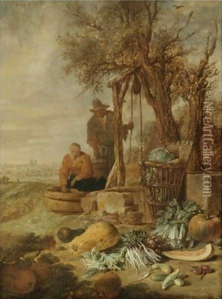 A Peasant Couple By A Well With A Distant View Of Paris Oil Painting - Willem Kalf