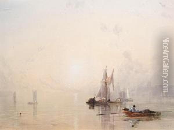 Shipping At Sunset On The Tyne Oil Painting - Thomas Miles Richardson