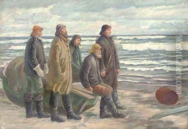 Waiting for the fishing vessel Oil Painting - English School