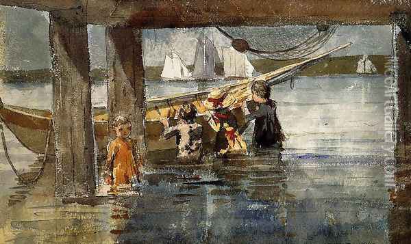 Childred Playing under a Gloucester Wharf Oil Painting - Winslow Homer