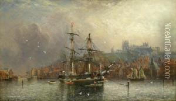 Sailing Ship At Anchor In Whitby Harbour Oil Painting - Richard Weatherill