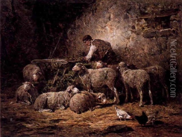 Moutons A La Bergerie Oil Painting - Felix Saturnin Brissot de Warville