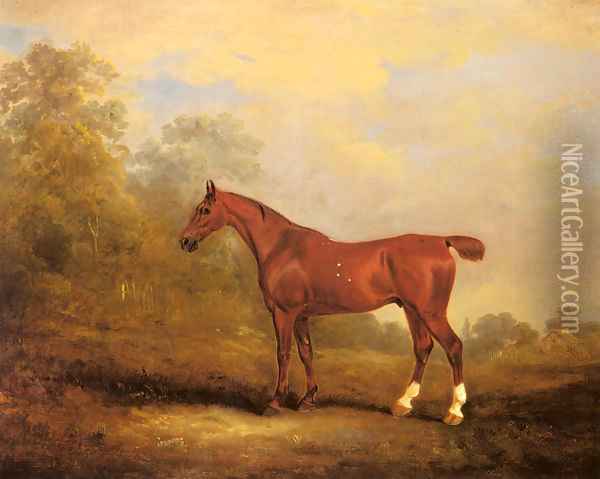 Cecil a favorite Hunter of the Earl of Jersey in a Landscape Oil Painting - John Jnr. Ferneley