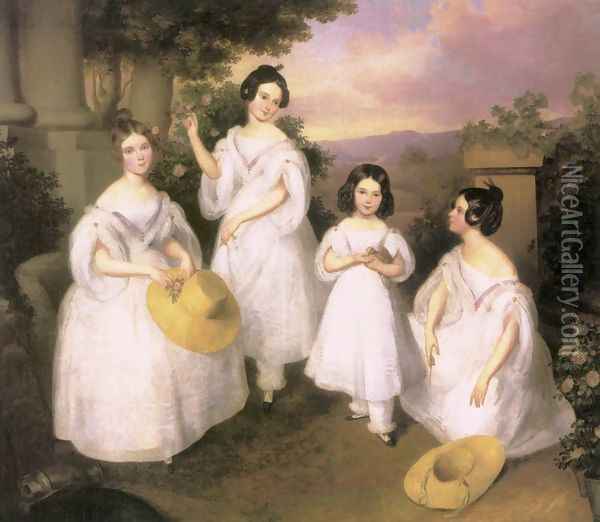 The Daughters of István Medgyasszay c. 1833 Oil Painting - Karoly Brocky