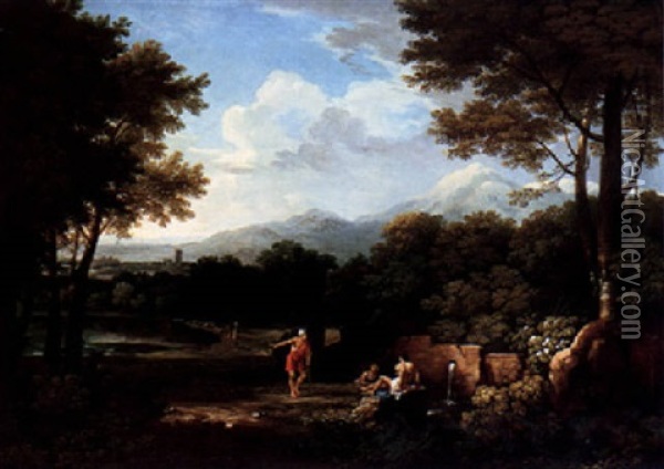 An Arcadian Wooded Landscape With Figures Conversing By A Pool Oil Painting - Andrea Locatelli
