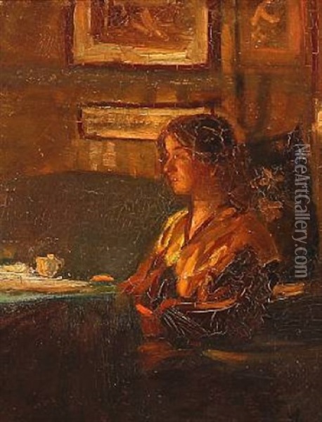 A Lady In A Living Room, Pres. The Artist's Wife Oil Painting - Viggo Johansen