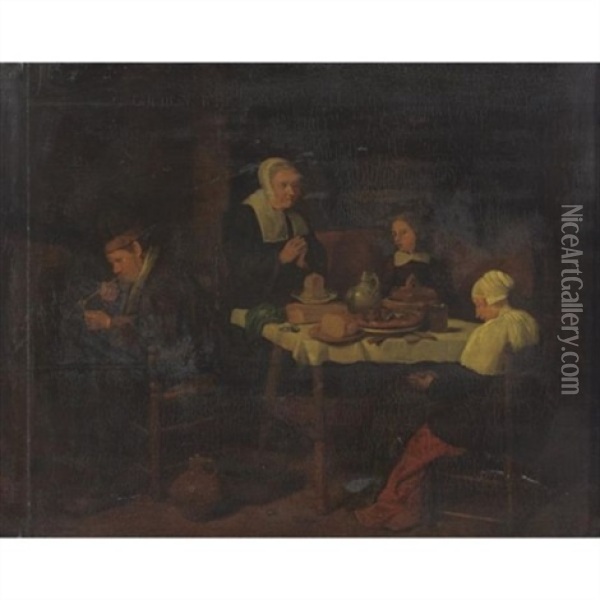 A Family At Prayer In A Kitchen Interior Oil Painting - Quiringh Gerritsz van Brekelenkam