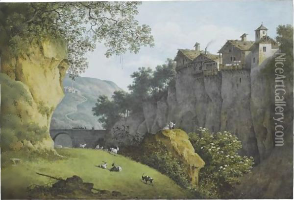 View Of A Ravine In The Mountains, Goats In The Foreground, Houses Perched On A Cliff To The Right Oil Painting - Joseph Augustus Knip