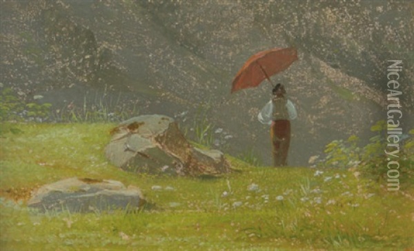 Mand Med En Rod Parasol I Bjergene Oil Painting - Wilhelm Ferdinand Bendz