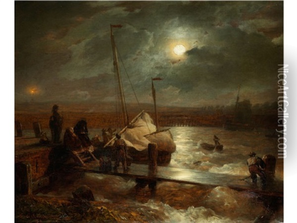 Nachtliche Heimkehr Von Sturmischer See Bei Mondschein Oil Painting - Andreas Achenbach
