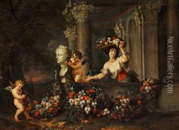 A Young Lady With A Flower Basket In A Classical Architectural Fantasy Oil Painting - Jan Pauwel Gillemans the Younger