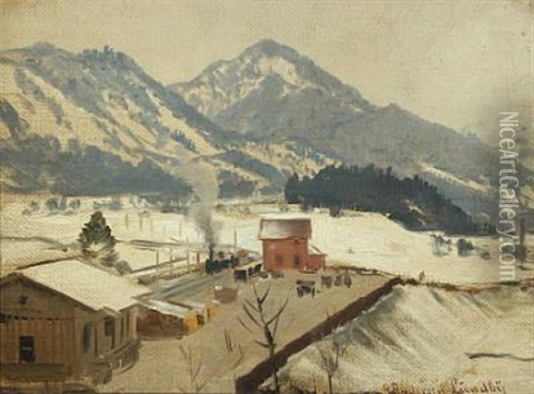 Wintry Mountainscape With Train Oil Painting - Anders Andersen-Lundby