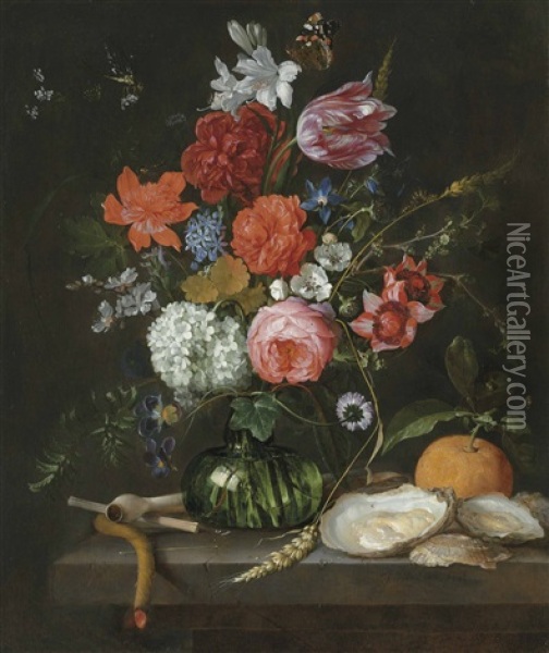 A Tulip, Roses, Apple Blossoms, Cornflowers And Other Flowers In A Glass Vase On A Stone Ledge, With A Pipe, Taper, Oysters And An Orange, With A Butterfly Oil Painting - Jan Davidsz De Heem