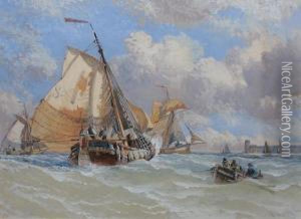 Fishing Boats In A Choppy Sea Off A Harbour Oil Painting - Henry Valter
