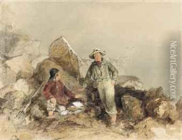 Two Fisherboys With Their Catch On The Beach Oil Painting - Frederick Barry