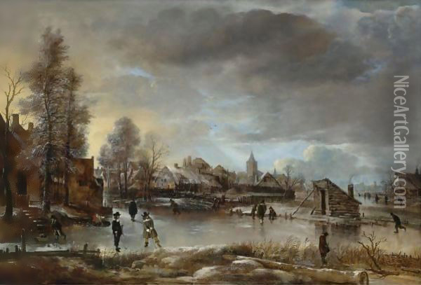 Winter Landscape With Kolf Players And Skaters On A Frozen Canal Oil Painting - Aert van der Neer