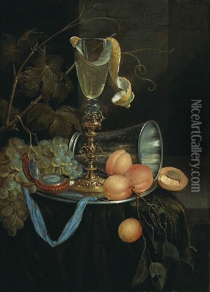A Still Life With Apricots, Grapes, A Wine Glass And A Watch Oil Painting - Jan Onghers