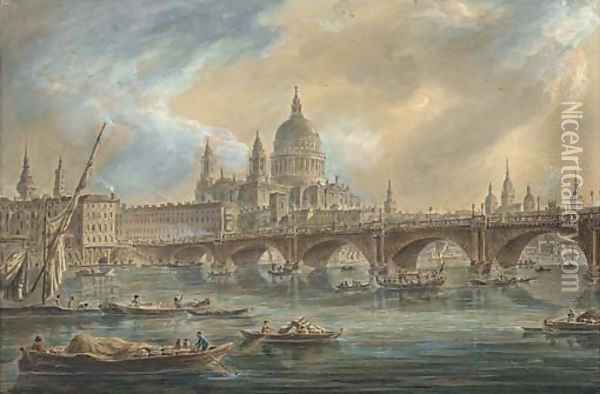 Saint Paul's Cathedral and Blackfriars Bridge seen from the Thames Oil Painting - Jean Baptiste Genillion