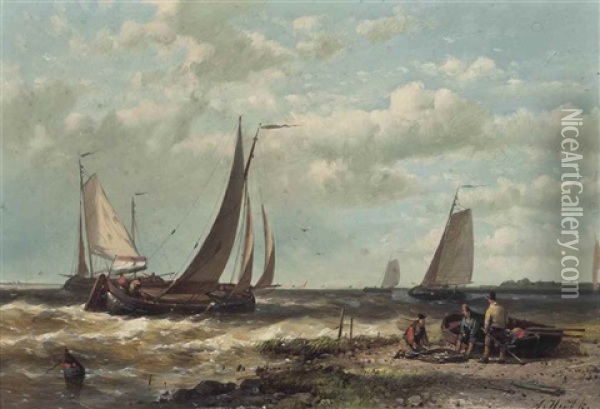 Fishing Boats On Choppy Waters Oil Painting - Abraham Hulk the Elder