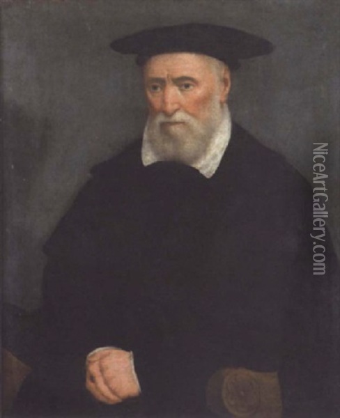 Portrait Of A Gentleman In Doctoral Robes, Seated In An Armchair Oil Painting - Giovanni Battista Moroni