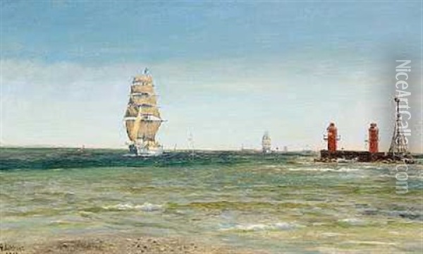 Marine Med Sejlskibe Ud For Et Havnelob Oil Painting - Holger Luebbers