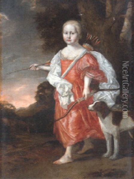 Portrait Of A Girl As Diana, Full Length, With A Dog In A Landscape Oil Painting - Pierre Mignard the Elder
