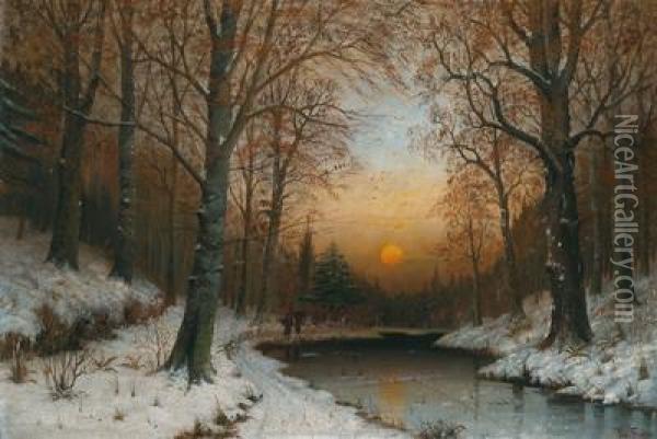 A Winter Woodland In The Evening Light Oil Painting - Therese Fuchs