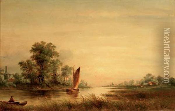 On A River At Sunset Oil Painting - Albert Jurardus van Prooijen