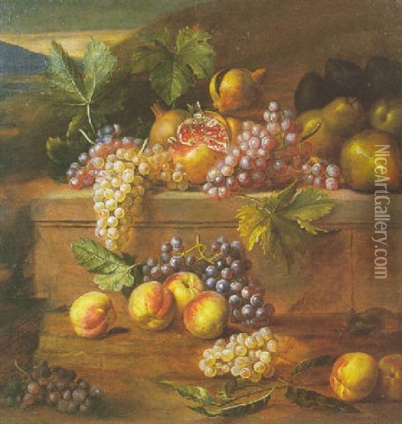 Nature Morte A La Grenade, Aux Raisins Et Autres Fruits Oil Painting - Jan Pauwel Gillemans The Elder