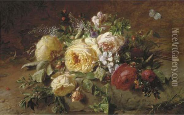 A Bouquet With Roses By A Forest Stream Oil Painting - Adriana-Johanna Haanen