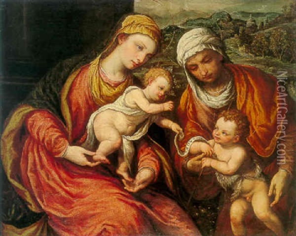 Madonna And Child With St. Elizabeth And The Infant St. John The Baptist Oil Painting - Paris Bordone