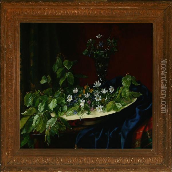 Still Life With Spring Flowers And Beech Twigs Oil Painting - Augusta Laessoe