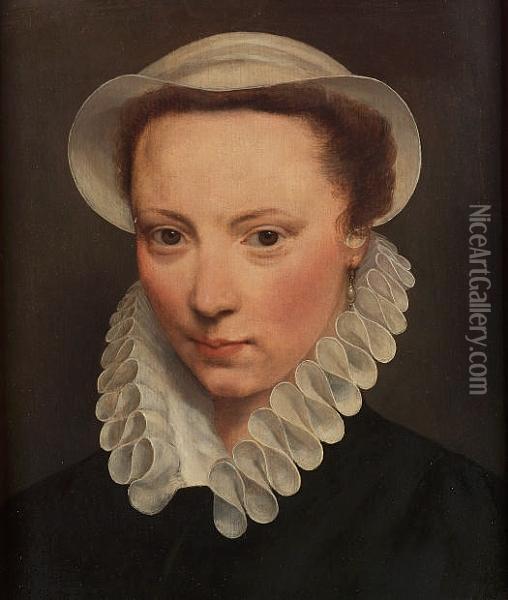 Portrait Of A Young Lady, Head And Shoulders, In Black Costume With A Ruff And A Cap Oil Painting - Frans Pourbus