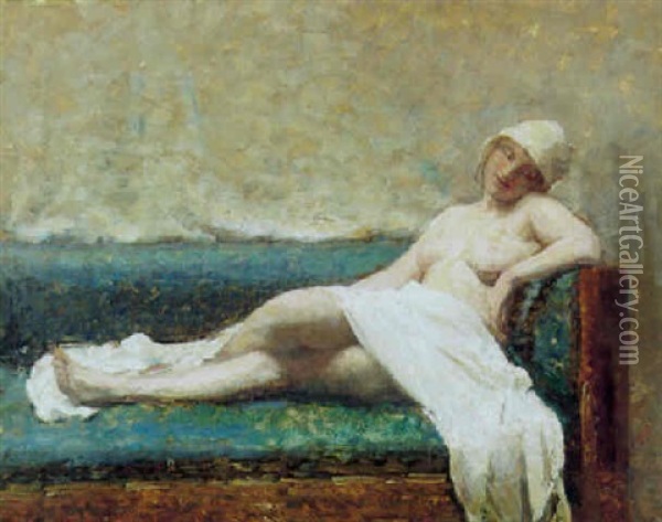 Nogen Kvinde Med Hvidt Draperet Klaede Og Kyse Liggende I En Sofa Oil Painting - Julius Paulsen