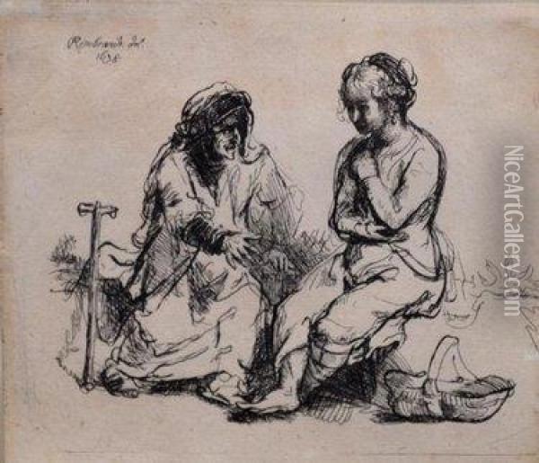 Figure Seated On A Hillock Near A Basket Oil Painting - Rembrandt Van Rijn