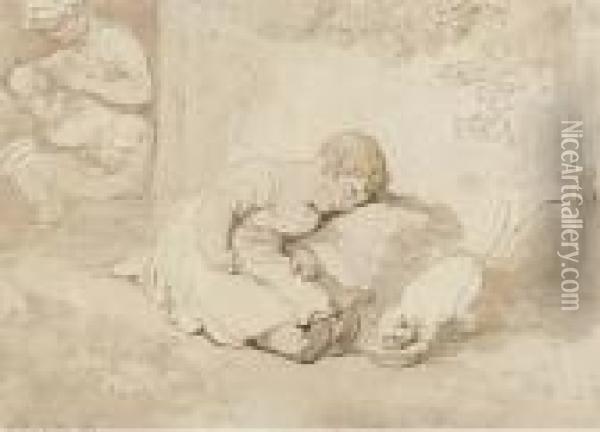 The Drowsy Boy And Watchful Cat Oil Painting - Thomas Rowlandson