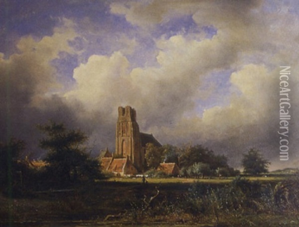 Landscape With Cathedral And Dramatic Storm Clouds Oil Painting - Jan Frederik Van Deventer