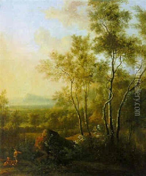 Italianate Wooded Landscape With Travellers Resting, Mountains Beyond Oil Painting - Frederick De Moucheron