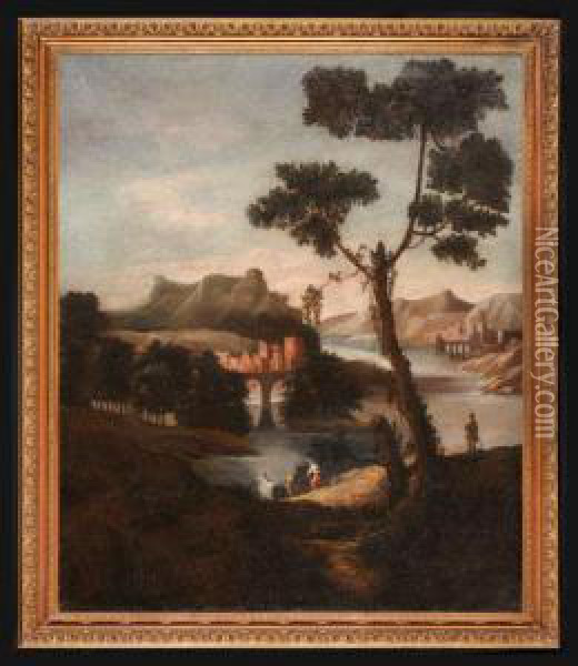 Paesaggio Fluviale Con Figure E Borgo In Lontananza Oil Painting - Tommaso Porta