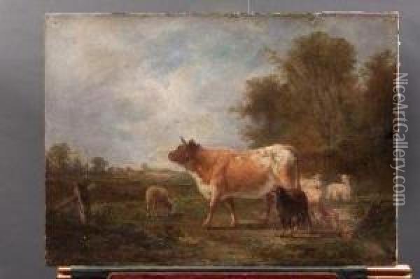 Armenti Al Pascolo - 1863 Oil Painting - Auguste Bonheur