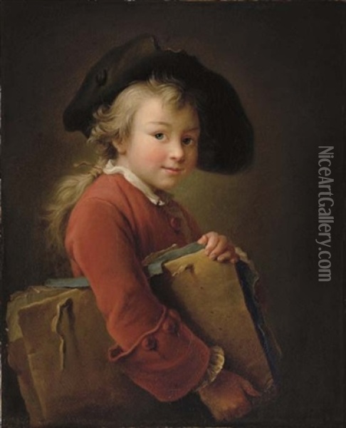 A Young Boy In A Red Jacket And Black Hat, Holding A Portfolio (collab. W/studio) Oil Painting - Francois Hubert Drouais
