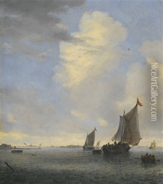 Wijdschip And Other Small Dutch Vessels At The Mouth Of An Estuary Oil Painting - Salomon van Ruysdael