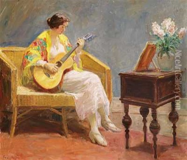 En Ung Kvinde Med Blomstret Sjal Spiller Pa Guitar I En Kurvesofa Oil Painting - Poul Friis Nybo