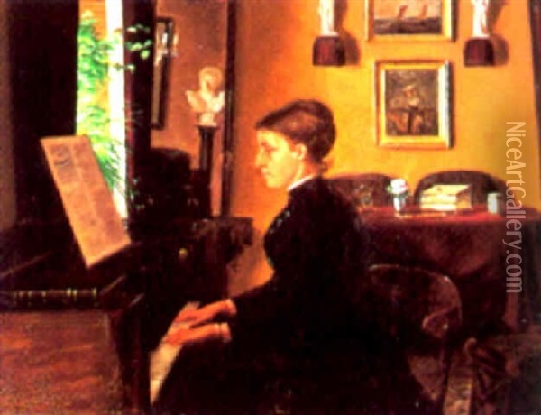 Interior Med Kvinde Ved Klaveret Oil Painting - Laurits Andersen Ring