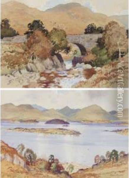 Highland Bridge; Highland Loch Oil Painting - Robert Houston