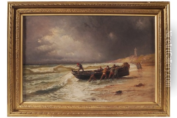Hauling The Boat In Oil Painting - Emile Godchaux