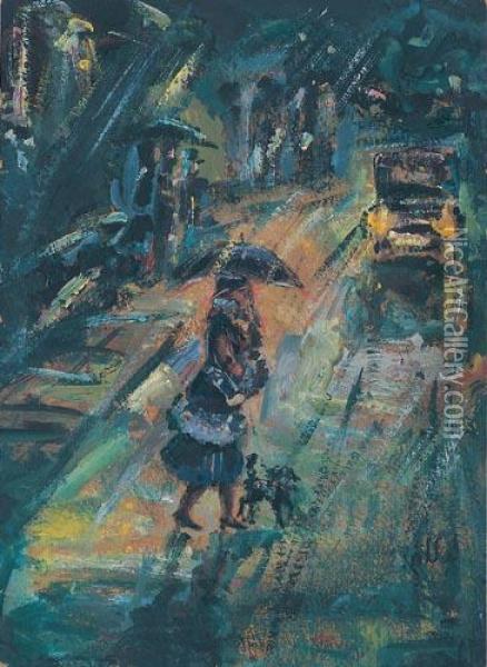 Ulica W Deszczu (z Kobieta Prowadzaca Pieska) Oil Painting - Lesser Ury