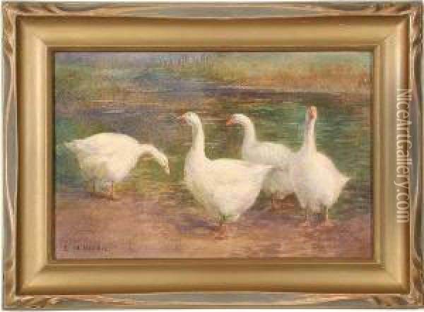 Geese At The Water'sedge Oil Painting - Marias Ethel Wickes