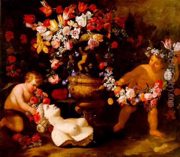 Putti Jouant Avec Des Guirlandes De Fleurs Et Le Buste De Flore Oil Painting - Abraham Brueghel
